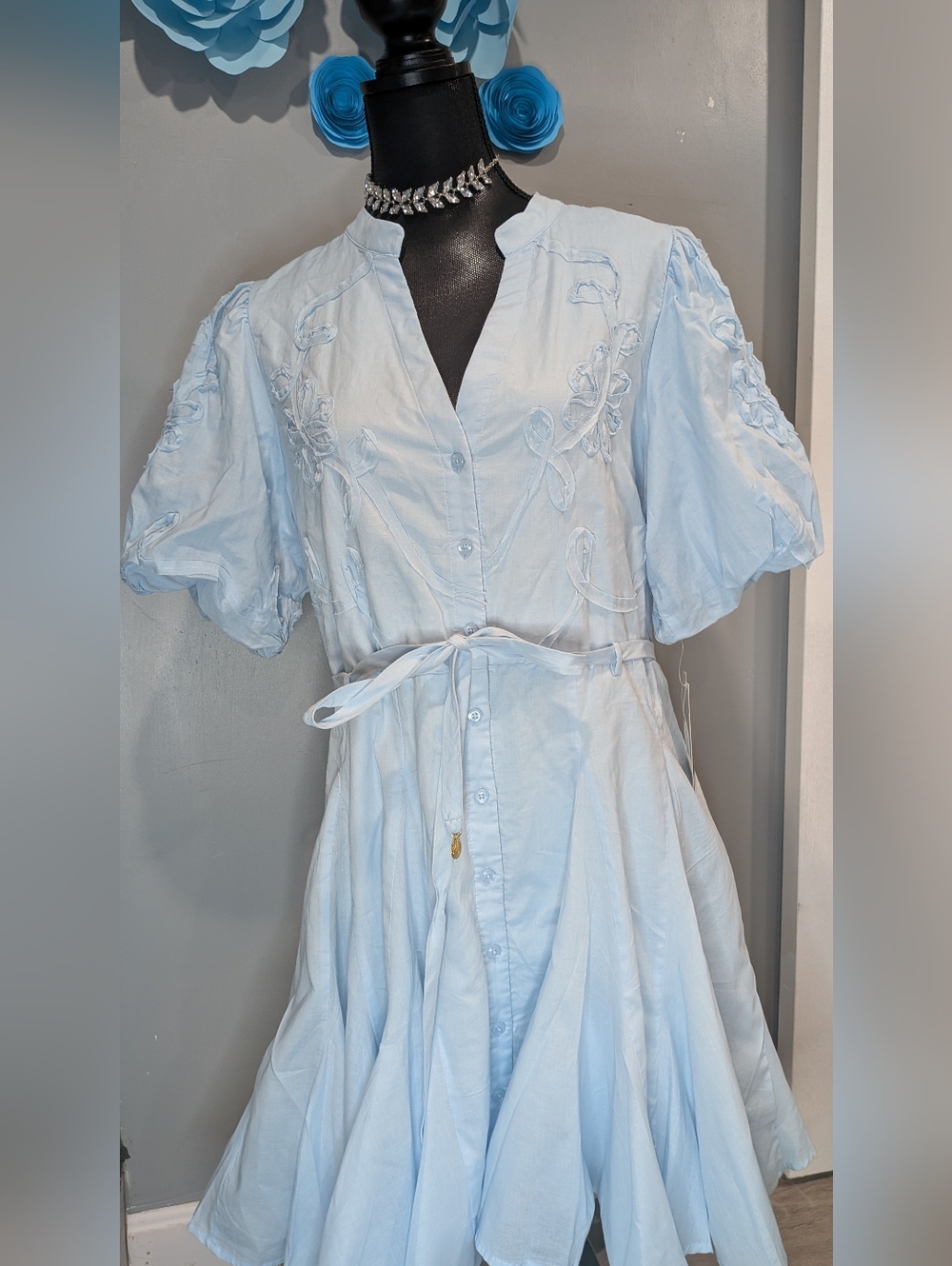 Light Blue Embroidered Puff-Sleeve Dress with Waist Tie - Picture 2 of 7